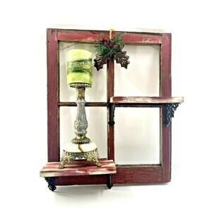 Vintage Red Barn Wood 4 Pane Window Wall Shelf Christmas Hollyberry Shadow Box